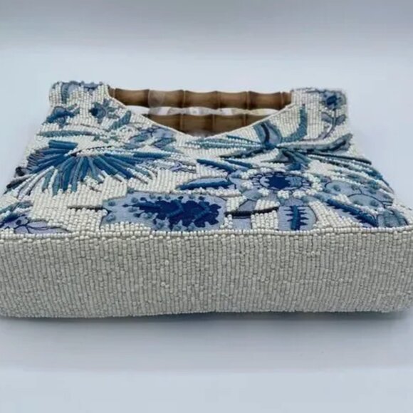 Blue and White Floral Beaded Bamboo Handle Bag Viral Tik Tok Made in India NWT - Picture 6 of 8